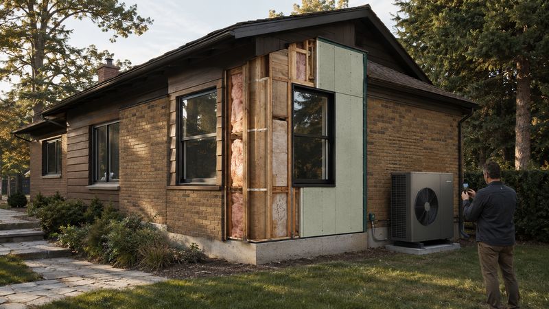 A contractor beside a house where the wall has been opened and a heat pump sits outside.