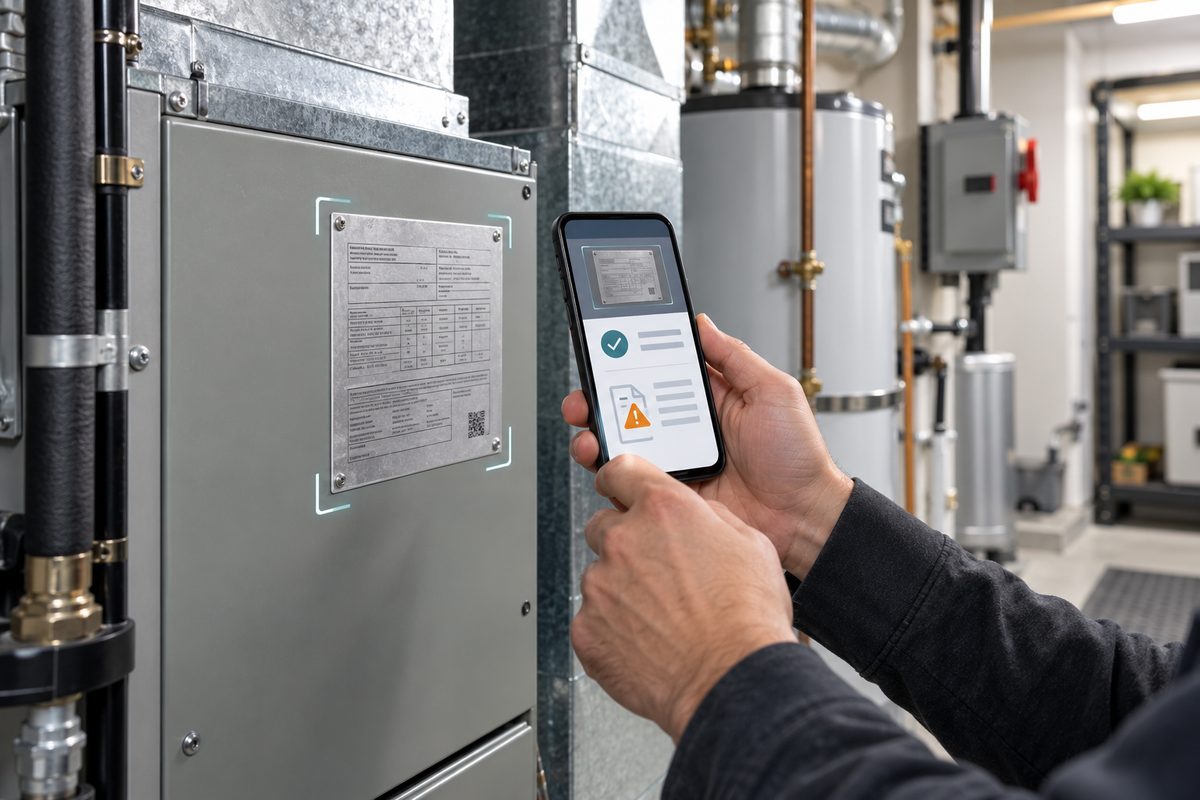 Someone photographing the rating plate on a furnace in a mechanical room.