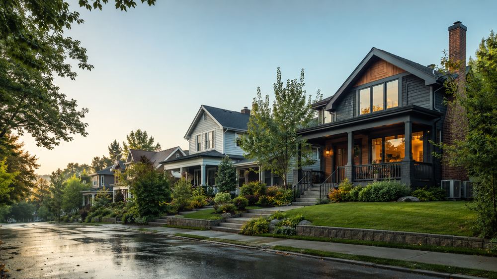 A residential street of houses.