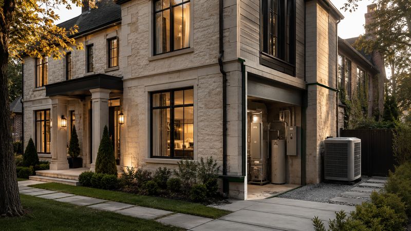 A home with its heat pump and water heater visible beside the entrance.