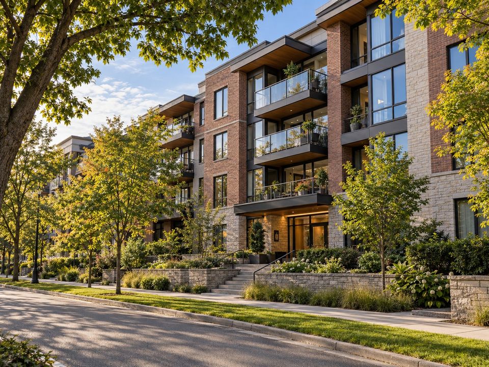 A five-storey brick apartment building with balconies, behind street trees.