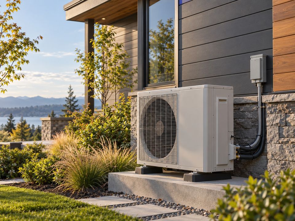 An outdoor heat pump unit on a concrete pad beside a home, with its refrigerant lines running into the wall.
