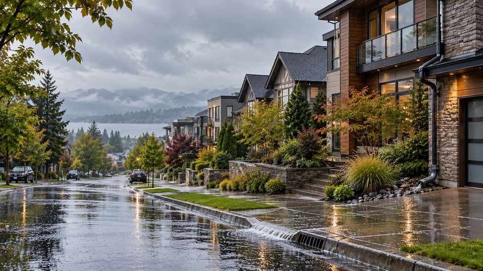 Rainwater running along the curb of a street of townhouses under a grey sky.