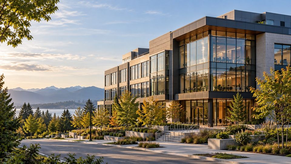A three-storey glass and stone public building set in landscaped grounds, mountains behind.