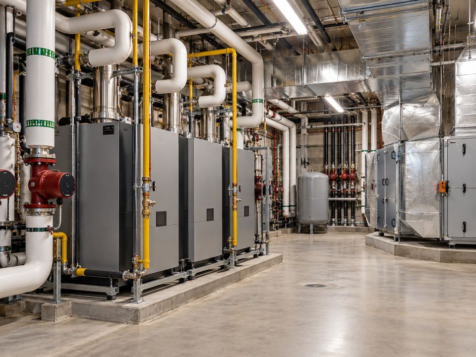 A clean commercial mechanical room with boilers, insulated piping and air handling equipment.