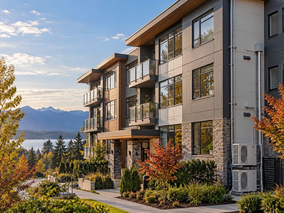 A four-storey residential building at sunset, with heat pump units mounted at its base.