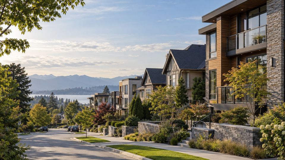 A residential street of houses and low-rise homes leading down toward a lake in late afternoon light.