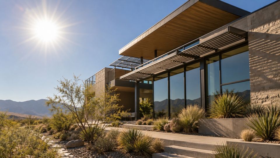 A low modern home with deep overhangs in strong summer sun, surrounded by dry-climate planting.