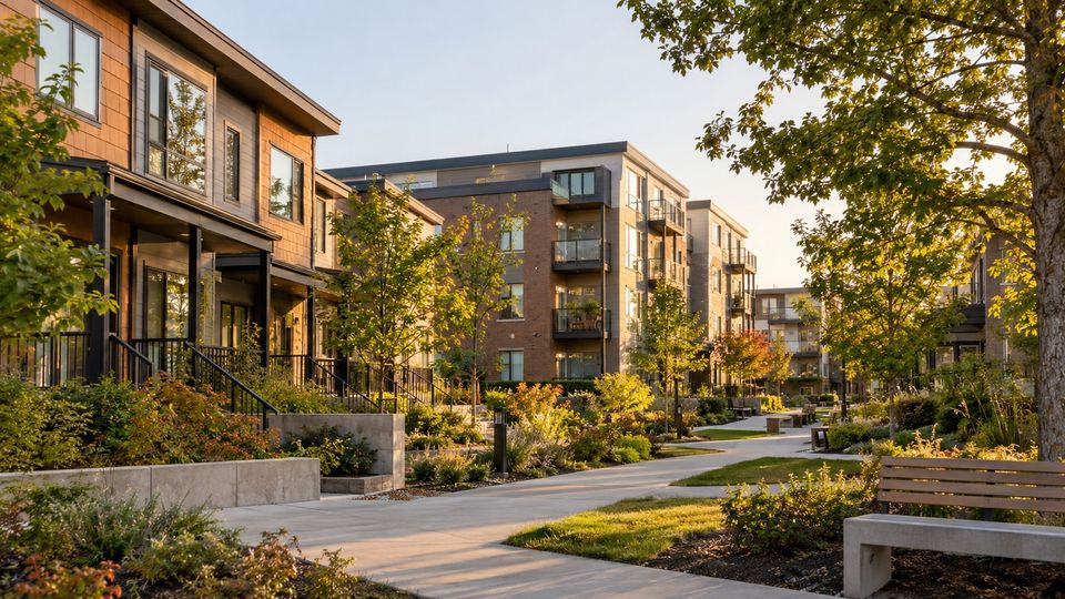 Townhouses and a mid-rise apartment building along a landscaped walking path.