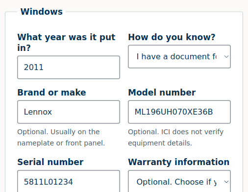 Equipment fields for windows: year installed 2011, how you know (I have a document for this), brand Lennox, model number ML196UH070XE36B, serial number, and warranty information, with notes that these details are optional and that ICI does not verify equipment details.