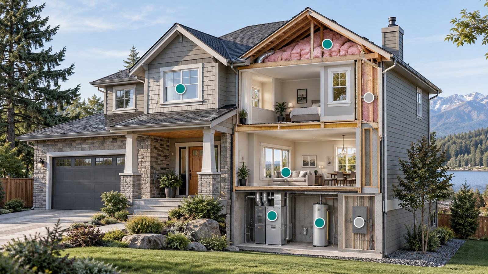 A house shown with its insulation, windows, heating, hot-water and electrical systems.