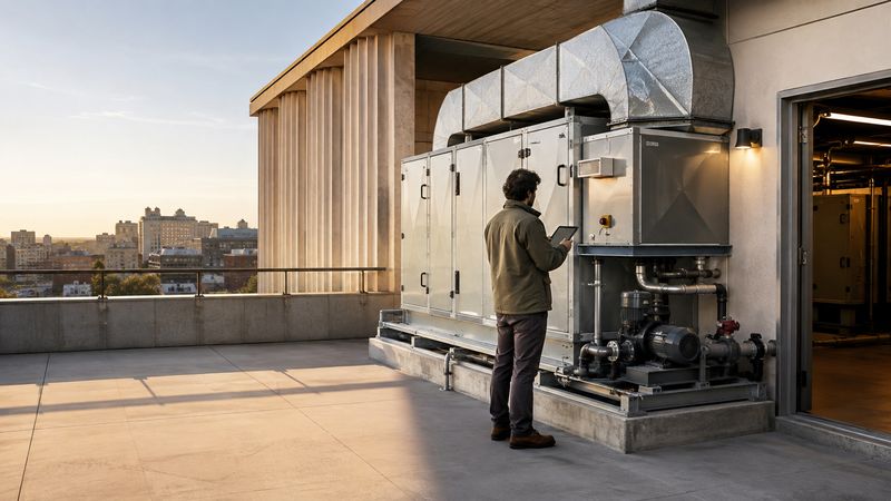 A technician recording details at a rooftop mechanical unit.