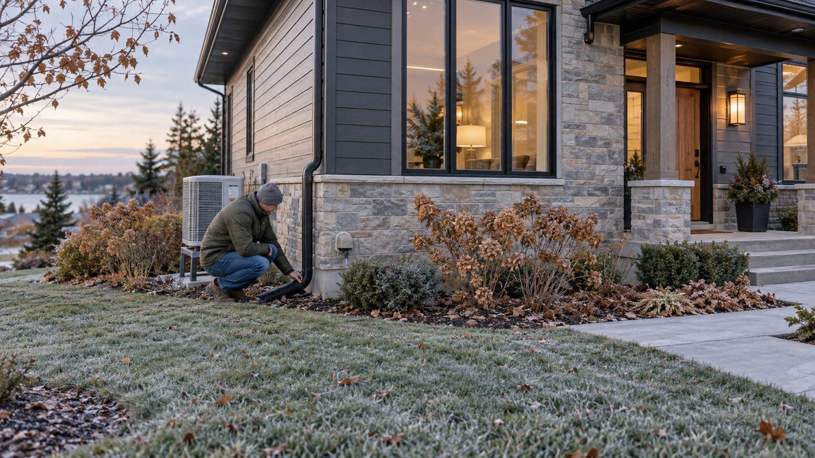 A homeowner reviewing exterior drainage and equipment before winter.